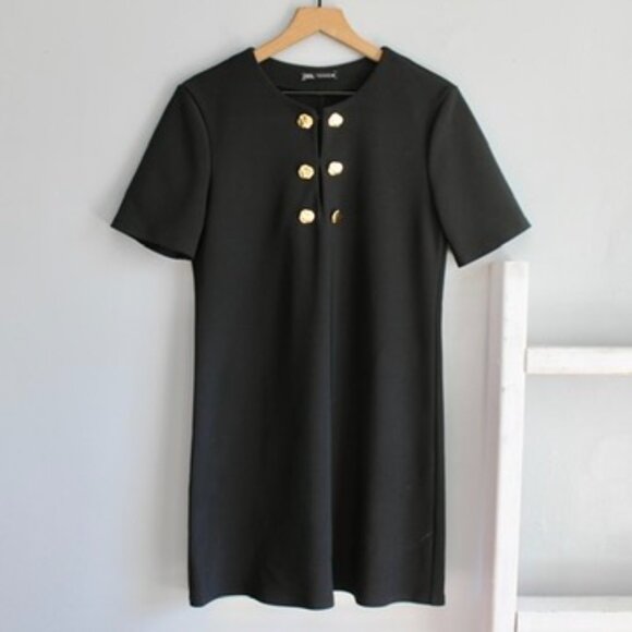 Zara Women's Black Gold Buttoned Short Sleeve Shift Mini Dress Size Medium - Picture 2 of 7